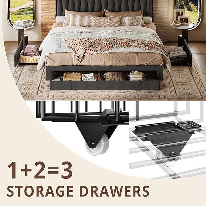 ANCTOR Twin Bed Frame with 3 Drawers, Upholstered Platform Bed with Storage Headboard and Charging Station, No Box Spring Needed, Easy Assembly, Grey
