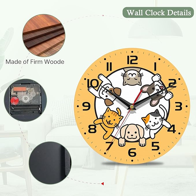 Wall Clocks,Dogs Circle Space Wall Clock Decorative,Cats Kitchen Wall Clock Battery Operated - 10 Inch Round Bathroom Clocks Silent Non-Ticking