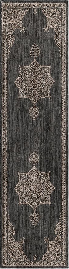 Unique Loom Outdoor Traditional Collection Area Rug - Antique (2' 7" x 10' Runner, Charcoal Gray/ Natural)