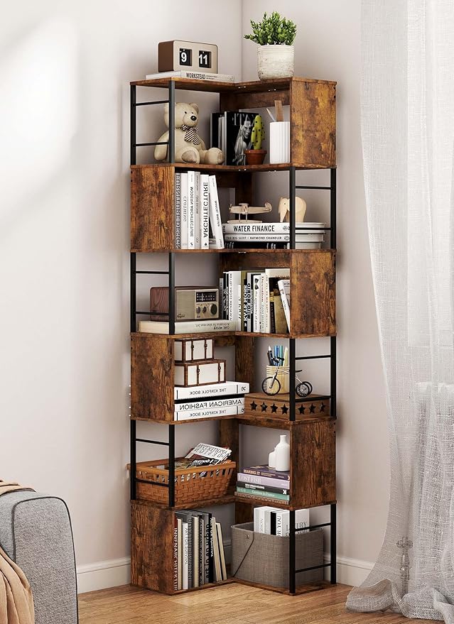 Baoz 7-Tier Corner Shelf- L Shape Corner Bookshelf with Storage- Wood Metal Bookcase Open Floor Stand Shelf Tall Decorative Display Storage Organizer in Living Room/Bedroom/Home/Office (Rustic Brown)