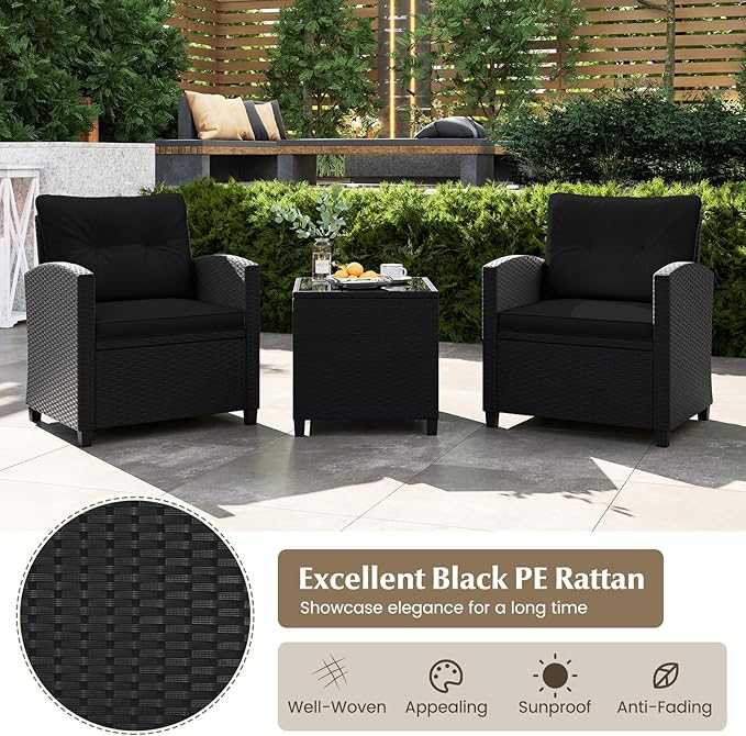 Tangkula 3 Piece Patio Furniture Set, Rattan Conversation Set w/Soft Seat & Back Cushions, Tempered Glass Topped Coffee Table, Cushioned Wicker Seating Set for Backyard, Porch, Poolside (Black)