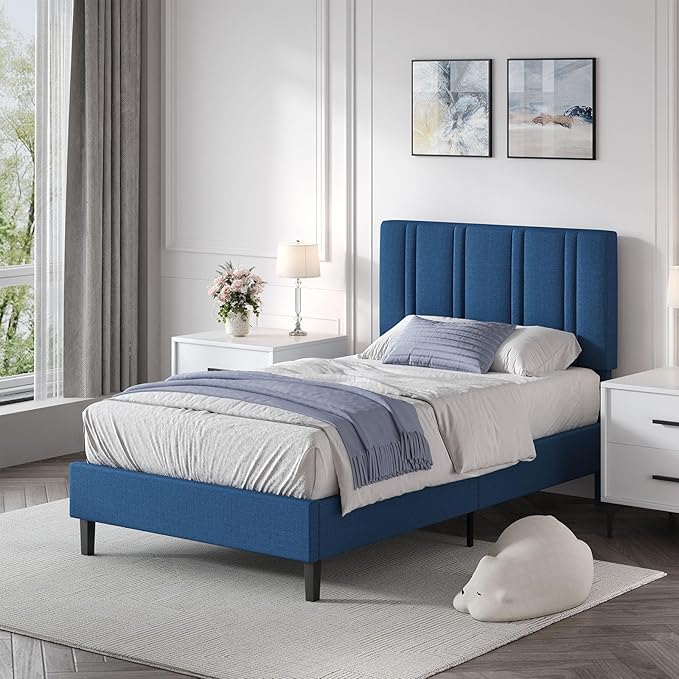 Twin Bed Frame, Upholstered Platform Bed with Button Tufted Headboard, Blue Bed Frame Twin Size for Kids Girls Boys, No Box Spring Required, Easy Assembly, Blue