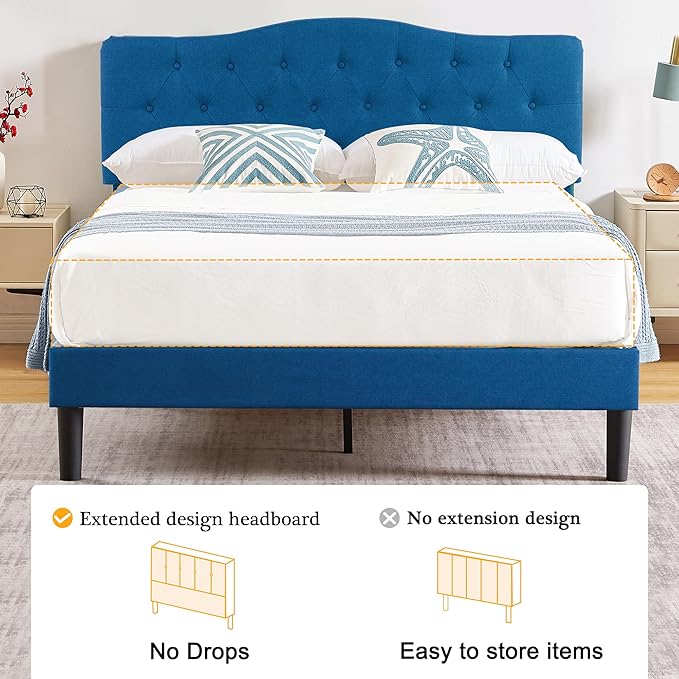VECELO Queen Size Bed Frame Upholstered Platform with Tufted Adjustable Headboard/Mattress Foundation with Wood Slat Support, Easy Assembly,Blue