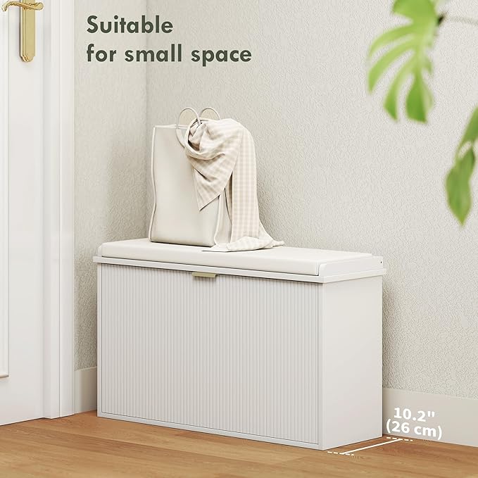 HOMCOM Narrow Shoe Bench with Padded Seat Cushion and Flip-Drawer, Small Entryway Bench Holds up to 265lb, Shoe Cabinet, 31.5x10.2x18.7 Inches, White