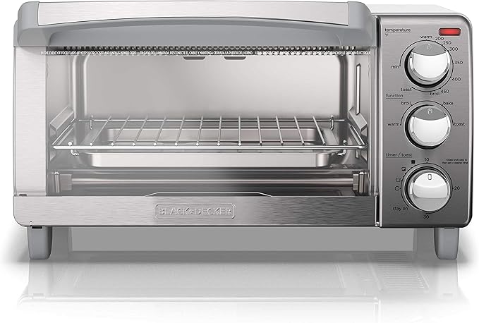 BLACK+DECKER 4-Slice Toaster Oven, TO1745SSG-1A, Even Toast, 4 Cooking Functions Bake, Broil, Toast and Keep Warm, Removable Crumb Tray, Timer
