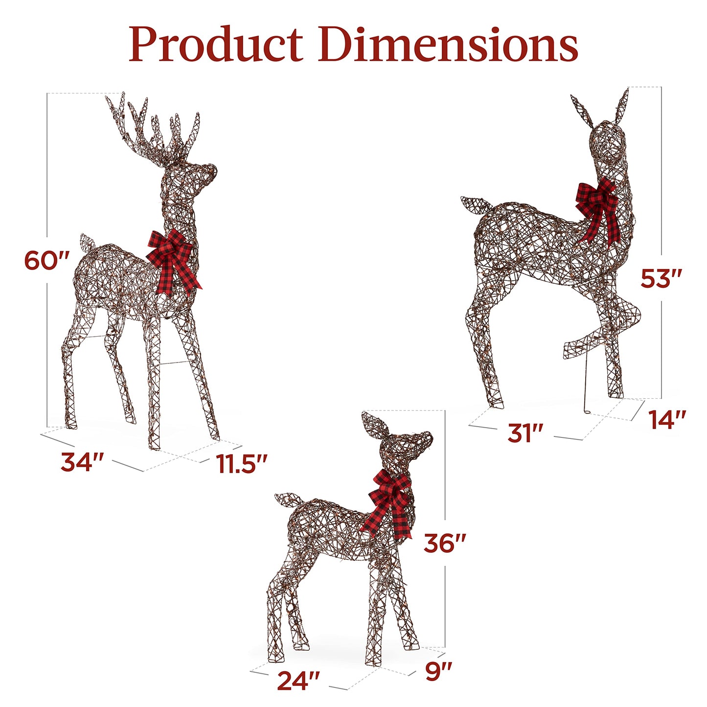 Best Choice Products 3-Piece Large Lighted Christmas Deer Family Set 5Ft Outdoor Yard Decoration with 360 LED Lights, Stakes, Zip Ties - Rattan