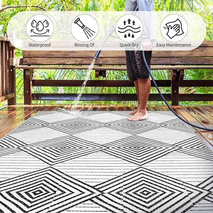 Waterproof Outdoor Rug 9x12ft, Foldable Reversible Plastic Straw Mat for Patio RV Deck Porch Backyard Balcony Camping Picnic Beach Indoor Outdoor Carpet, Black&White