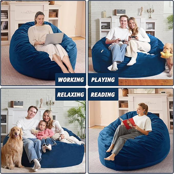 5FT Bean Bag Chair with Ultra Soft Velvet Cover Bean Bag Sofa with Memory Foam Bean Bag Chairs with Large Size Lazy Sofa for Dorm Office Living Room Bedroom Blue 5'
