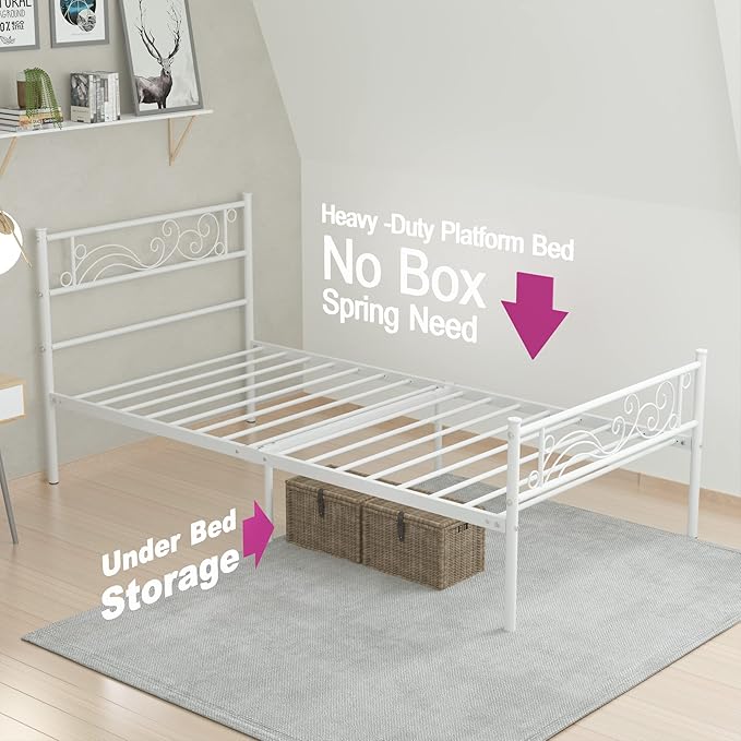 Weehom Twin Size Platform Bed Frame with Flower Design,Strong Metal Slats Support,Easy Assembly no Box Spring Needed White