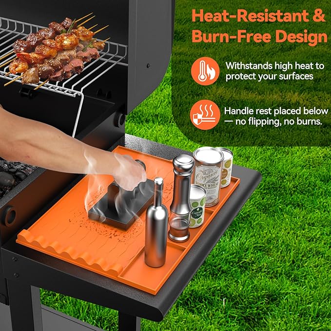 Upgrade Silicone Grill Mat for Blackstone and Most Grills with 3 Separate Storage, Griddle Tools Mat BBQ Grill Accessories, Spatula Holder & Side Shelf Protector for Outdoor Grill and Kitchen Counter