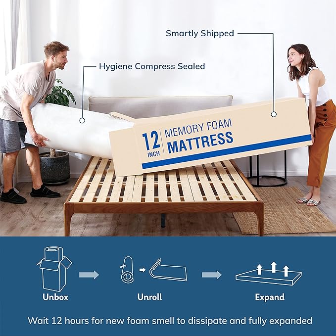 EGO White 12 inch Full Memory Foam Mattress, Gel Green Tea Mattress Bed in a Box, Made in USA, CertiPUR-US Certified, Double Mattress, 54"×75", Medium Firm