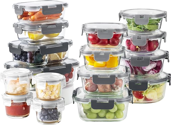 COOK WITH COLOR Premium 32-Pc. Borosilicate Glass Food Container Set with Dividers - 4 Rectangles, 8 Rounds, 4 Squares - Leakproof Lids - Meal Prep, Storage, Ombre Grey
