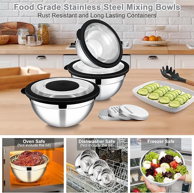 E-far Mixing Bowls with Lids and Graters, Stainless Steel Salad Mixing Bowl with Transparent Lid Set of 3, Metal Nesting Salad Storage for Kitchen Prepping/Serving/Baking, 4.6/2.6/1.5QT - Black
