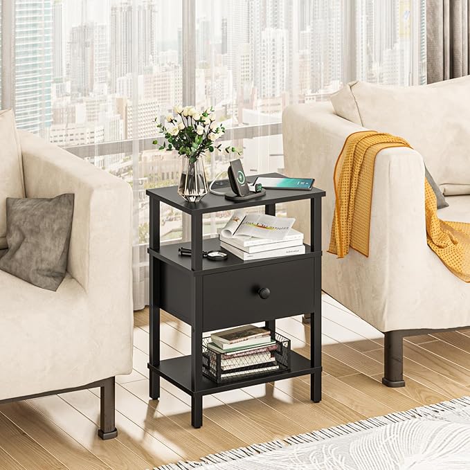 Lerliuo Nightstand Set of 2 with Charging Station and USB Ports, 3-Tier Storage End Table with Drawer Shelf, Night Stand for Small Spaces, Wood Bedside Table for Living Room, Bedroom - Classic Black