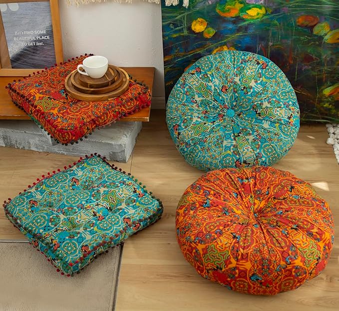 vctops Boho Cotton Linen Round Chair Seat Cushions for Dining Kitchen Office Chairs Patio Super Soft Printed Chair Pads Floor Pillow (Orange,22"x22")