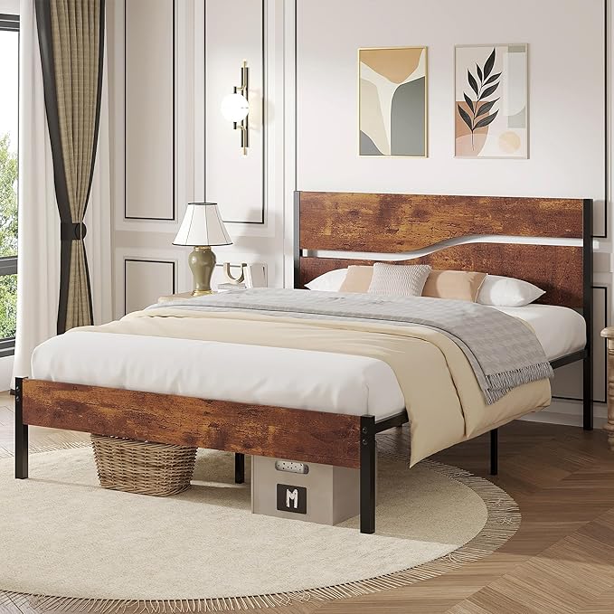 VECELO Queen Size Platform Bed Frame with Headboard and Footboard, Solid and Strong Metal Support, No Box Spring Needed