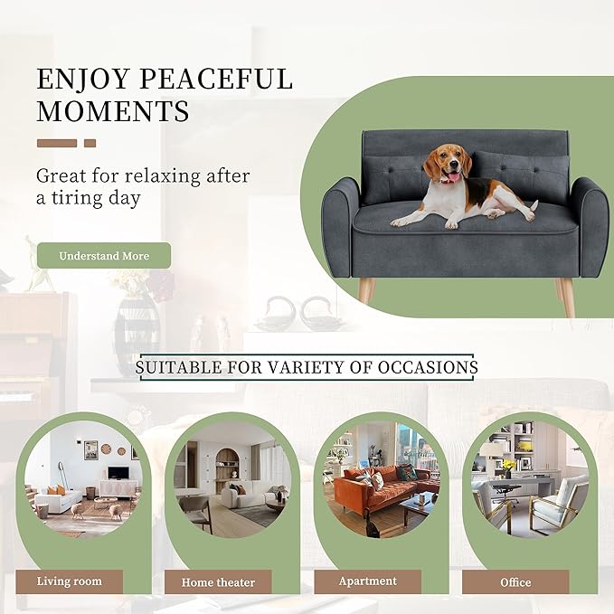 Vongrasig 47" Small Modern Loveseat Sofa, Mid Century Linen Fabric 2-Seat Sofa Couch Tufted Love Seat with Back Cushions and Tapered Legs for Living Room, Bedroom and Small Space (Dark Gray)