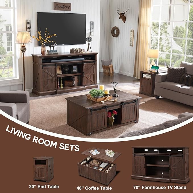 Nightstand with Charging Station, 20" Farmhouse End Table w/Groove Barn Door, Rustic Wood Sofa Side Bedside Table w/Open & Adjustable Shlef for Bedroom, Living Room, Brown