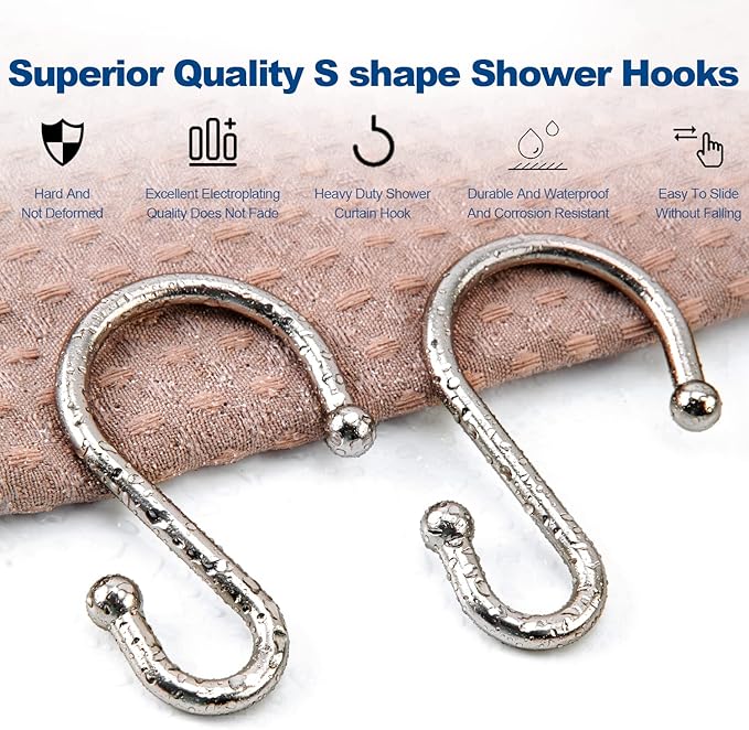 Shower Curtain Hooks Rings, Zinc Alloy S Shaped Shower Hooks Rust Proof, Shower Curtain Hangers for Shower Curtain, Kitchen, Wardrobe & Garden, Brushed Nickel, Set of 12