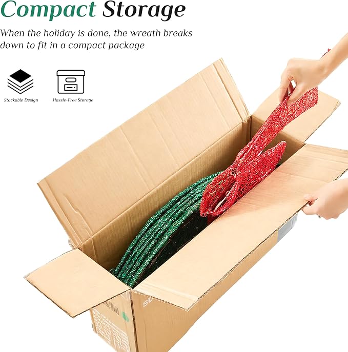 Sweetcrispy Pre-Lit Christmas Wreath, LED Lighted Holiday Outdoor Decoration with Bow for Door, Mantel, Wall, Windows, Front Door Decor, 47.5in Green Wreath - Red Bow