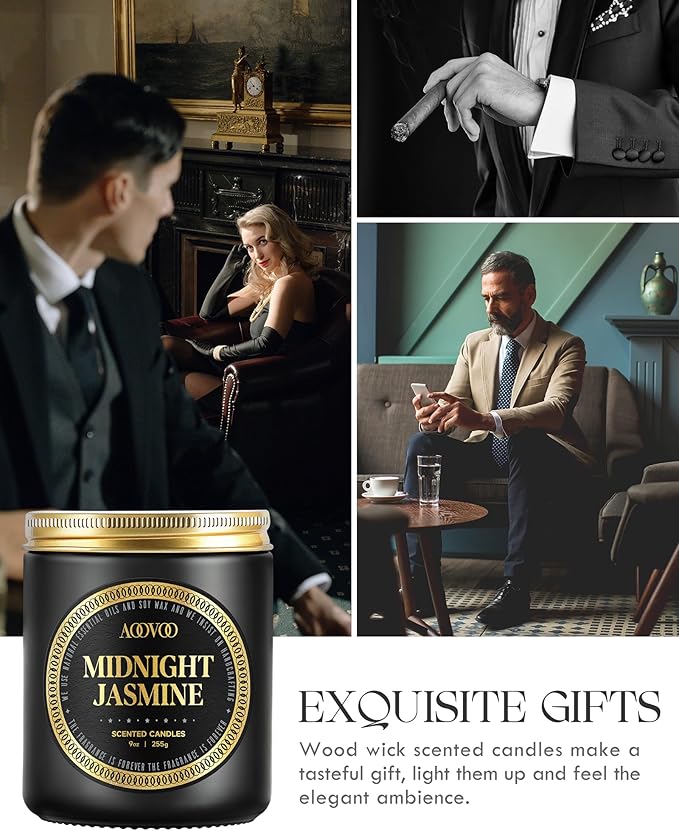 AOOVOO Scented Candles for Men - Midnight Jasmine Candles for Home Scented | Crackling Wood Wick Soy Wax| Strong Fragranced Masculine Black Gift for Women & Men, 9oz