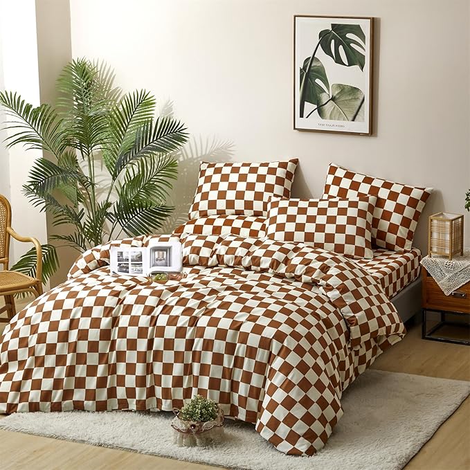 Pumpkin White Checkered Comforter Queen Set Brown Checkered Bedding Set Soft Cozy Checker Comforter Set Queen Size 3Pcs All-Season Comforter Women Men