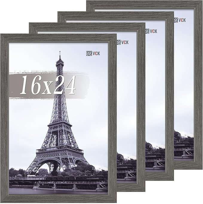 VCK 16x24 Poster Frame Set of 4 - Grey, Gallery-Quality Wood Picture Frames, 1.1-Inch Wide Border, Polished Plexiglass, Vertical or Horizontal Wall Display for Photo/Art/Prints, Grey