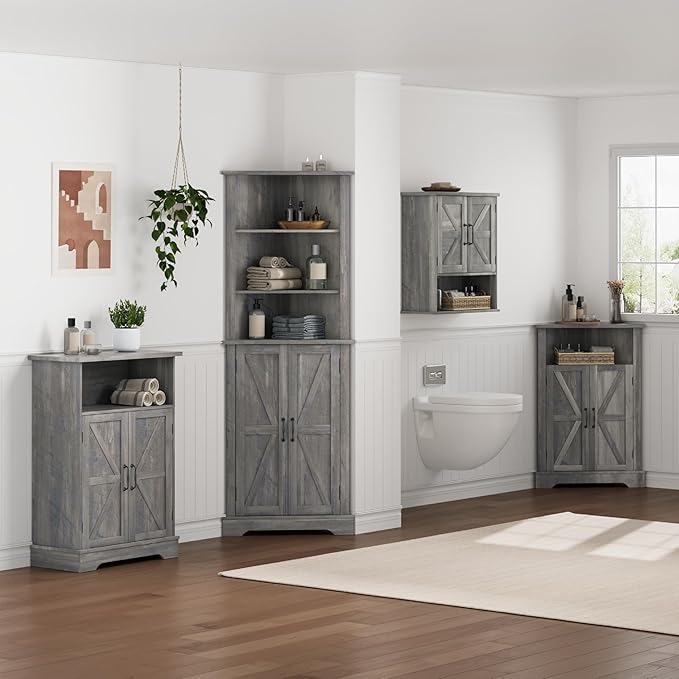 Smuxee Farmhouse Freestanding Cabinet Organizer with Barn Door and Adjustable Shelf, Wash Grey, for Bathroom, Kitchen, Living Room