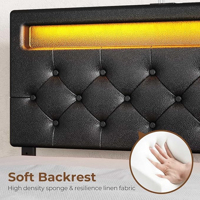 Rolanstar LED Bed Frame Queen Size, Queen Bed with 4 Storage Drawers and Charging Station,1 USB Port & 2 Type C Port, Adjustable Upholstered Headboard 38.9/40.8 Inches, No Box Spring Needed, Black