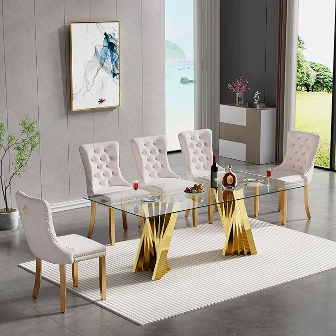 Goujxcy Modern 7 Piece Glass Dining Table Set Luxury Glass Kitchen Table and Chair Set for 6, 70" Large Rectangular Dining Room Table with 6 Tufted Chairs and Stainless Steel Legs (Gold & Beige)