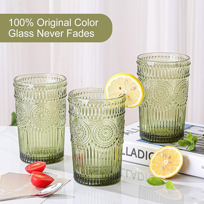 Vintage Glassware Drinking Glasses Set of 6,13 oz Green Textured Flower Design Glass Water Tumblers,Embossed Striped Drinkware for Water,Cocktails,Juice,Iced Coffee