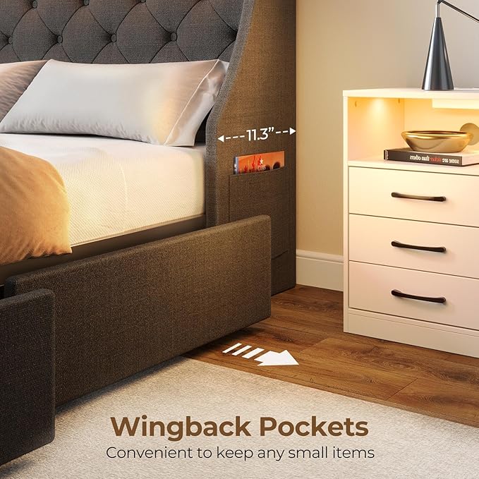 Rolanstar Twin Bed Frame with LED Lights and Charging Station, Upholstered Bed with Drawers, Wooden Slats, Noise Free, Easy Assembly, Dark Gray