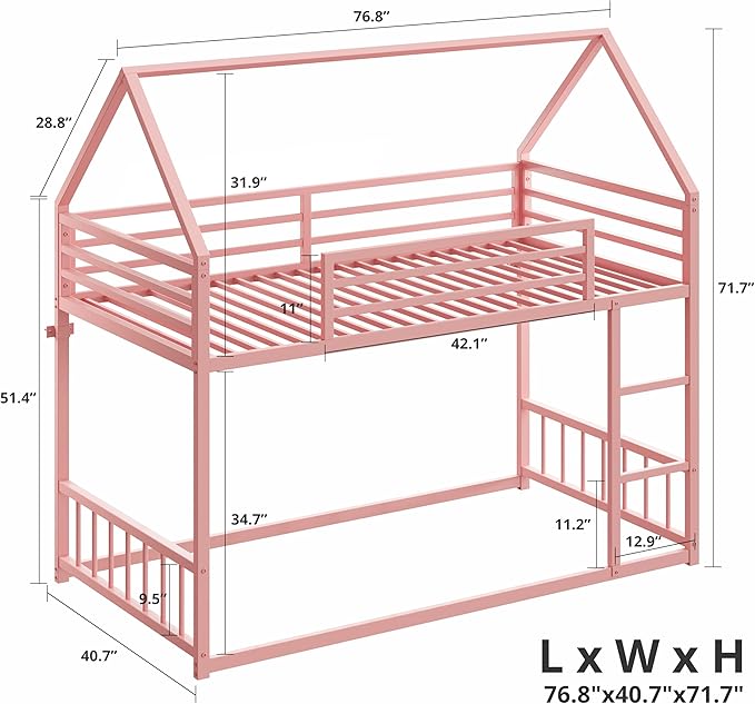 LIKIMIO Bunk Bed Twin Over Twin, House Bunk Bed Frame with Ladder and Guardrail, House Shaped with Metal Slats for Dormitory and Bedroom, Space Saving, No Box Spring Needed, Pink