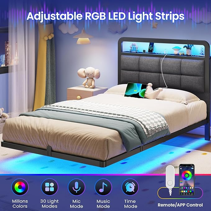 Hasuit Twin Floating Bed Frame with Charging Station and LED Lights, Twin Size Bed Frame with Wood Storage Headboard, Grey Upholstered Platform Bed, No Box Spring Needed, Noise Free