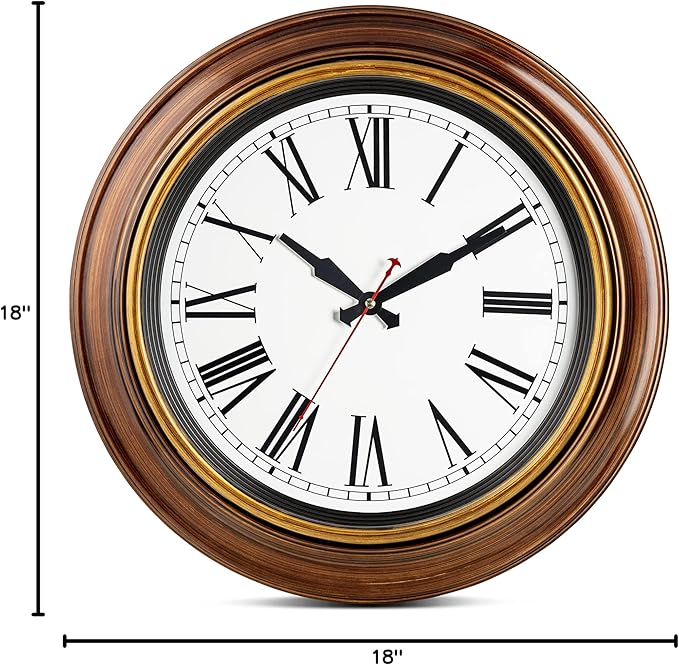 Bernhard Products Extra Large Wall Clock 18 Inch Quality Quartz Silent Non Ticking, Battery Operated for Home/Living Room/Over Fireplace Beautiful Decorative Roman Numeral Stylish Clock, Light Brown