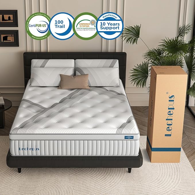 Lechpeus King Mattress,14 Inch Medium Plush Hybrid Mattress in Box,MDI Soft Memory Foam & 7-Zone Pocket Springs,Motion Isolation& Back Pain Relief,Enhanced Support King Bed,None Fiberglass