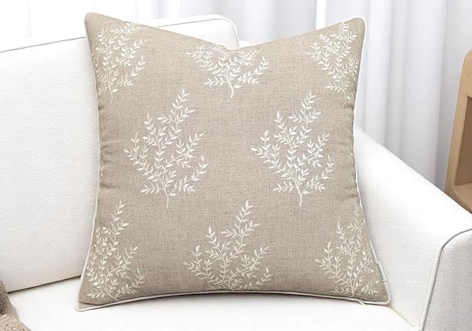 VAGMINE Embroidered Leaves Throw Pillow Cover - 18x18 Inches Square - 100% Linen Natural Decorative Cushion Cover - Artistic Floral Embroidery - Cozy Farmhouse & Boho Accent for Sofa, Couch, Bedroom