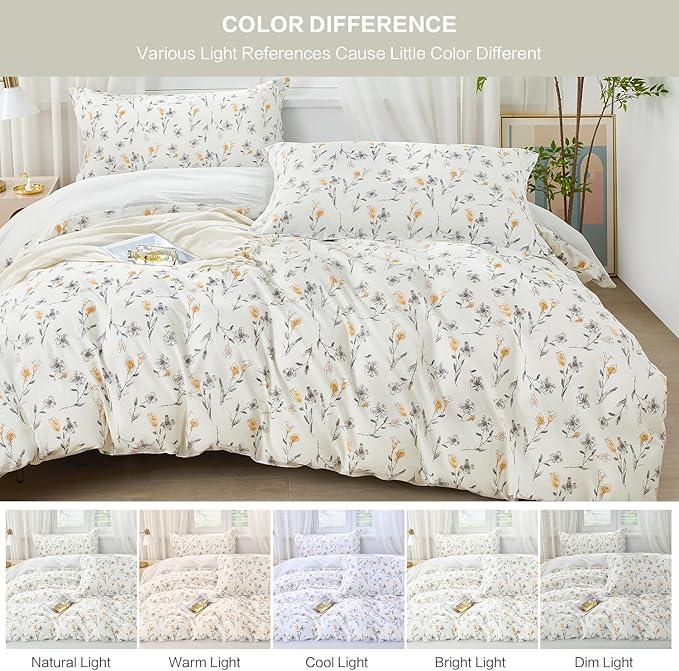 SAPHREAS Water Ink Grey Floral Duvet Cover Set King Size 3pcs Yellow Calla Lily Flowers White Bedding Comforter Cover Set 100% Cotton 1 Duvet Cover 104"x90" 2 Pillow Shams, Comforter Not Included