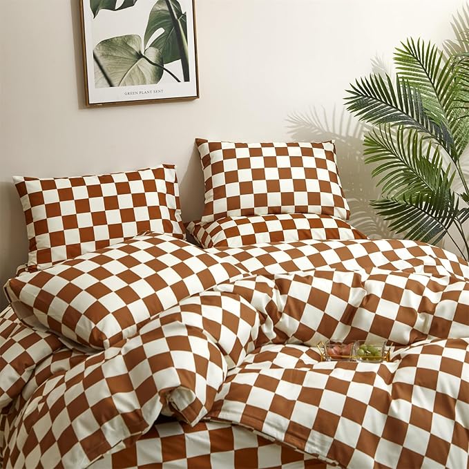 Pumpkin White Checkered Comforter Queen Set Brown Checkered Bedding Set Soft Cozy Checker Comforter Set Queen Size 3Pcs All-Season Comforter Women Men