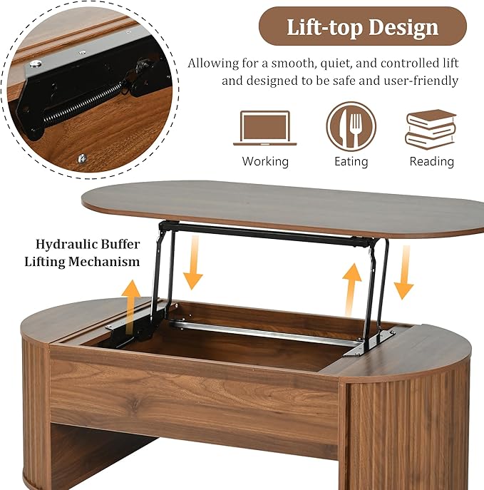 WILLIAMSPACE 47.2'' Lift Top Coffee Table with Hidden Compartment Storage, Modern Wooden Oval Center Table Accent Lift Tabletop Tea Table for Living Room, Walnut