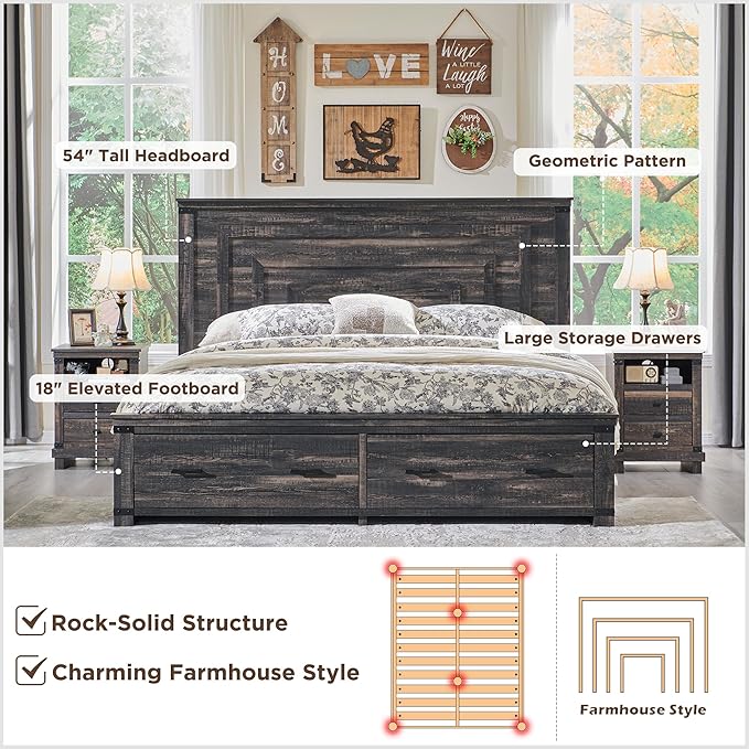 T4TREAM Farmhouse Queen Size Bed Frame with 54" Tall Geometric Headboard & 2 Large Storage Drawers, Rustic Wood Platform Bed with Wood Slats Support, No Box Spring Needed, Dark Rustic Oak
