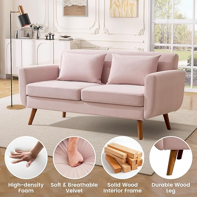Tbfit 65" W Loveseat Sofa, Velvet Mid Century Modern Love Seat Couches for Living Room, Button Tufted Upholstered Small Couch for Bedroom, Solid and Easy to Install Love Seats Furniture, Pink