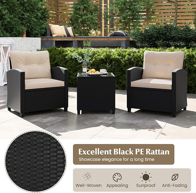Tangkula 3 Piece Patio Furniture Set, Rattan Conversation Set w/Soft Seat & Back Cushions, Tempered Glass Topped Coffee Table, Cushioned Wicker Seating Set for Backyard, Porch, Poolside (Beige)