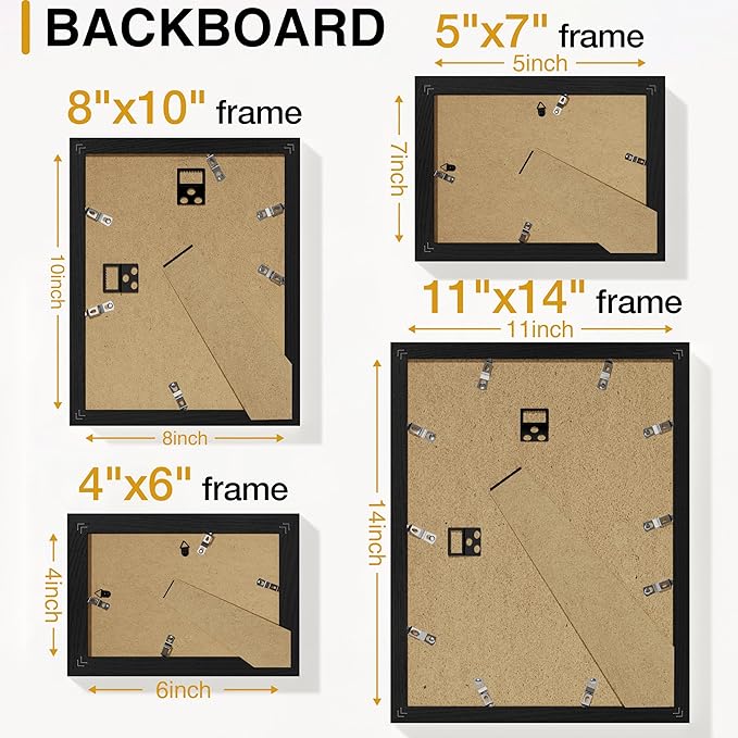 Vittanly 16 Pack Picture Frames, Gallery Wall Frame Set with 2Pcs 11x14, 2Pcs 8x10, 6Pcs 5x7 and 6Pcs 4x6 Photo Frames, Picture Frames Collage Wall Decor for Wall or Tabletop Display, Black