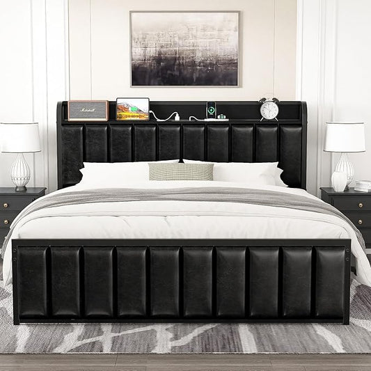VECELO Queen Size Bed Frame with Headboard, Upholstered Platform Bedframe, Heavy Duty Metal Slats, No Box Spring Needed, Easy Assembly, Classic Black