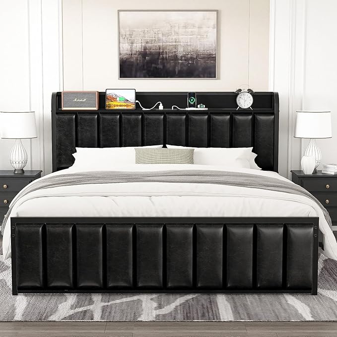 VECELO Bed Frame Full Size with Headboard, Upholstered Platform Bedframe, Heavy Duty Metal Slats, No Box Spring Needed, Easy Assembly, Classic Black