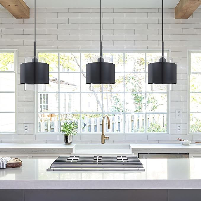 1 Light Hanging Indoor Kitchen Island Pendant Light Fixture,7.1" Drum Glass Metal Shade Pendant Ceiling Light Dark Gray Finish for Modern Farmhouse Dinning Over Sink