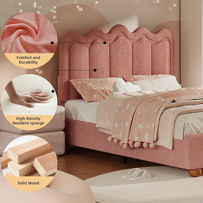 Full Size Bed Frame with Headboard, Boucle Bed Frame, Soft Upholstered Platform Cloud Bedframe with Footboard, Solid Wood Legs, Solid Wooden Slats Support, No Box Spring Required, Easy Assembly, Grey