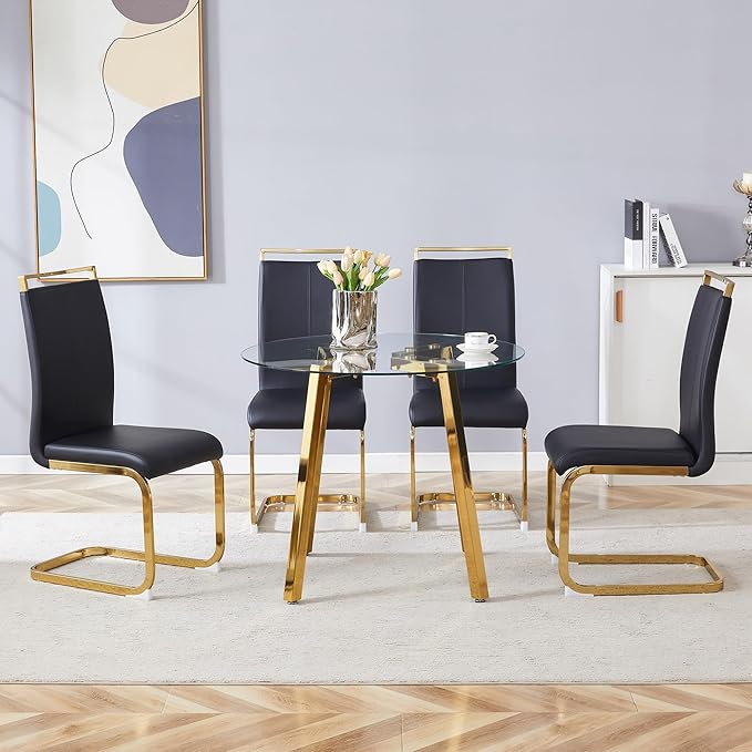 36" Round Glass Dining Table Set for 4 With Stainless Steel Leg, Small Kitchen Table With Cushion Chairs, 5 Piece Space Saving Set