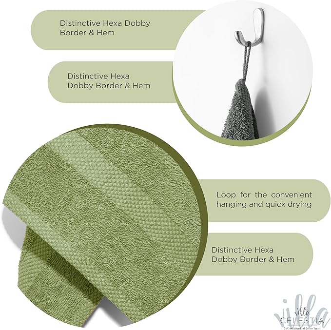 100% Cotton Hand Towel Set of 2, (16 x 28 inches) Sustainable, Soft, Highly Absorbent, Quick Drying, Combed Cotton Hand Towels Pack of 2 Ideal for Hotels, Spa, Bathroom, Dorm, Sage